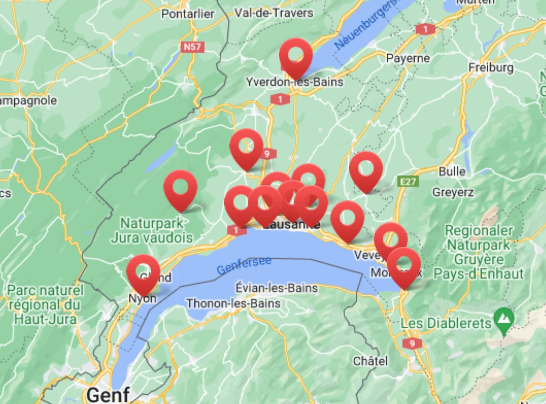 Carte du canton de Vaud avec les points où ducommun menuisiers réalisent des travaux de menuiserie